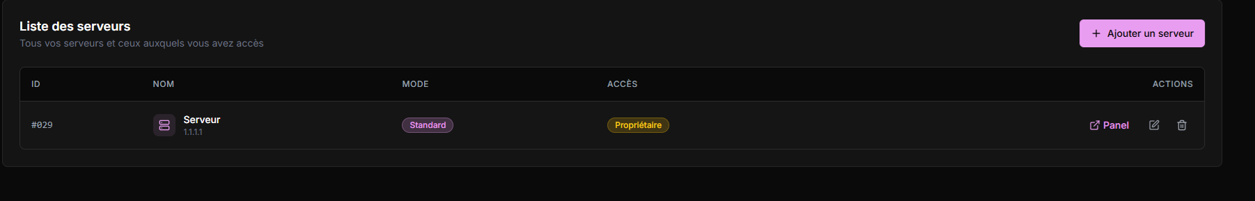 Liste des serveurs